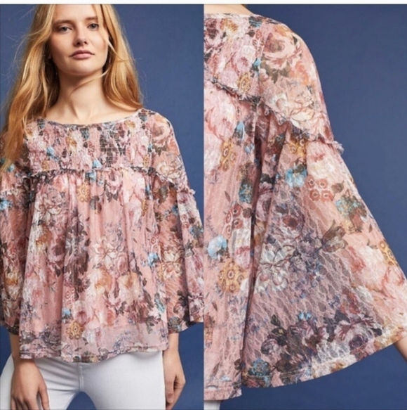 Anthropologie Tops - Anthropologie Akemi Kin Women Top Sz S Pink Floral Smocked Flare Sleeve Overlay